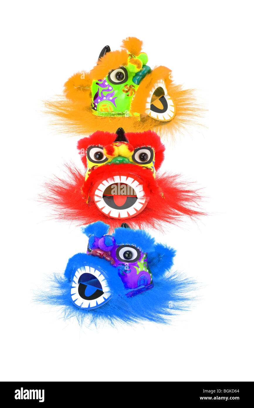 Chinese new year colorful lion head ornaments on white Stock Photo