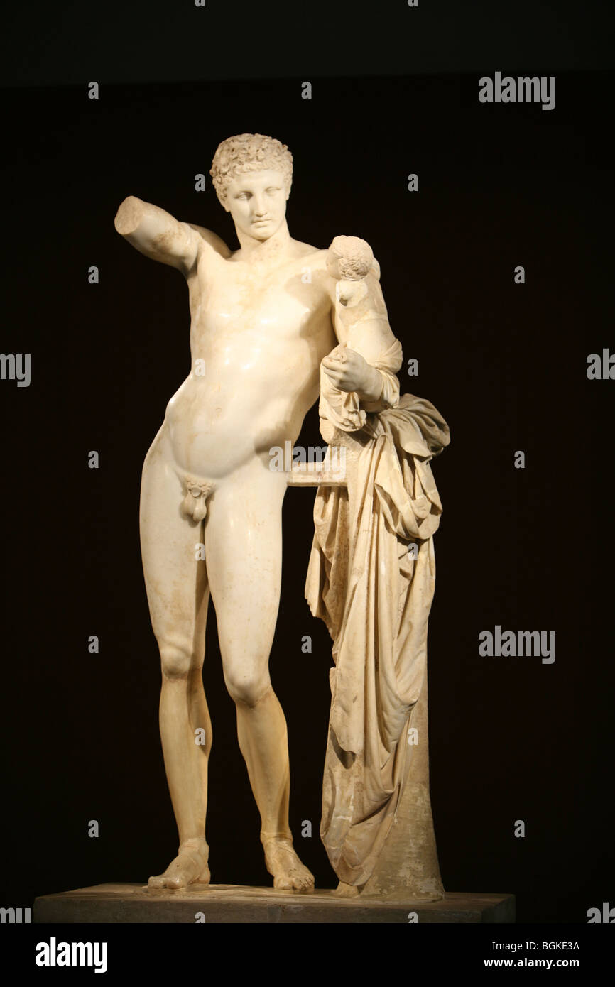 Hermes of Praxiteles statue found in 1877 during excavations at the temple of Hera Ancient olympia Greece Stock Photo