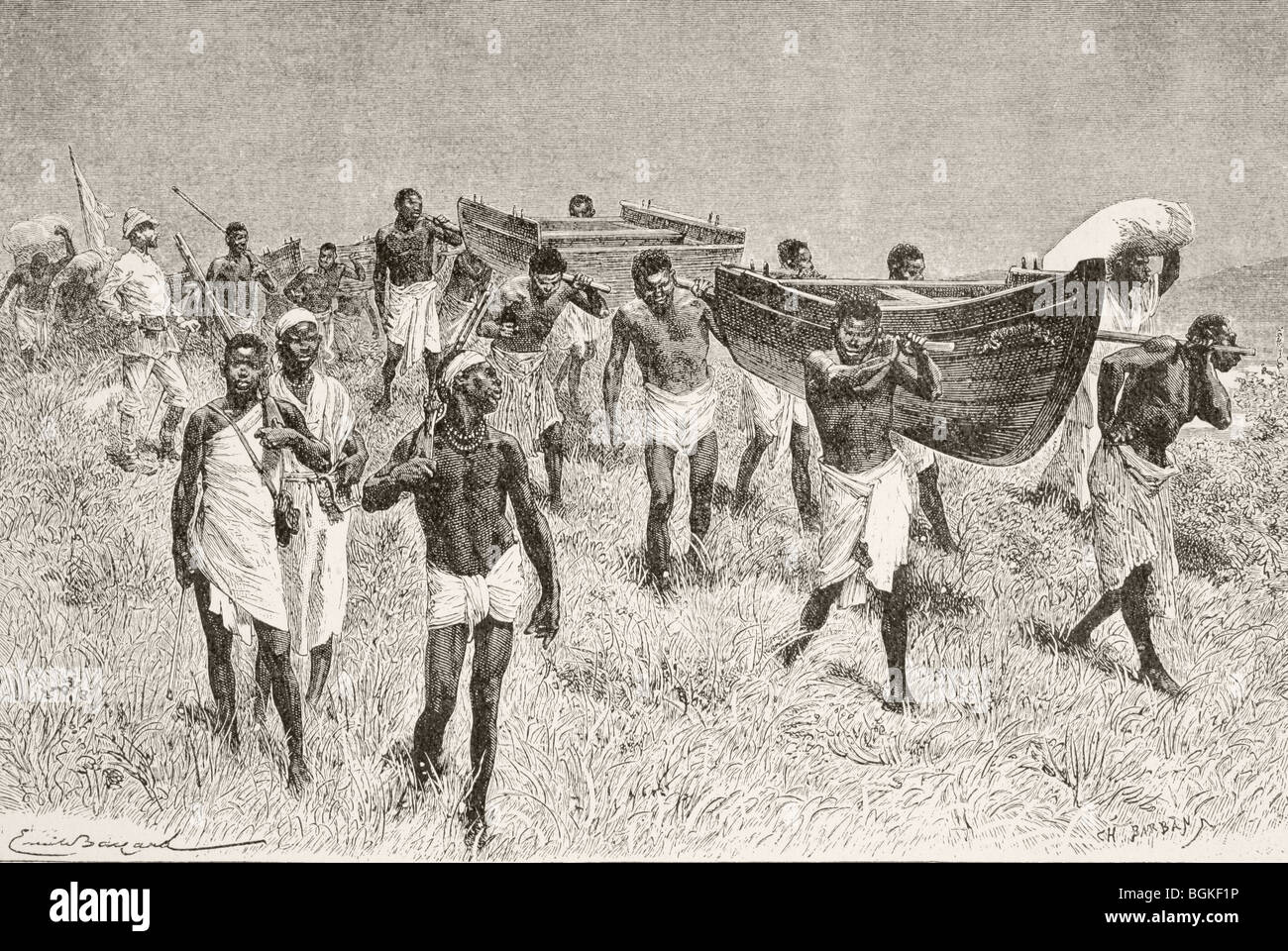African porters carrying Sir Henry Morton Stanley's dismantled boat Lady Alice on his expedition to explore Lake Victoria. Stock Photo