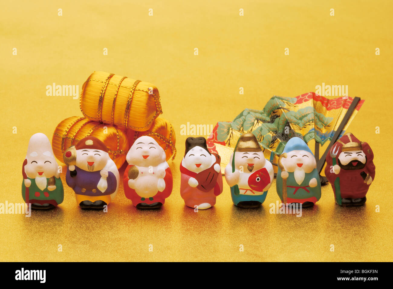 Seven Lucky Gods with folding fan Stock Photo
