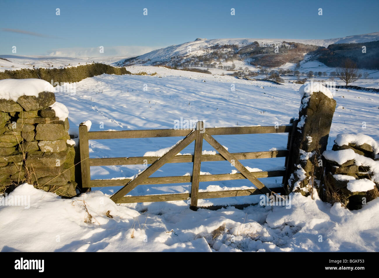 A wintry view of Simon's Seat, from near the hamlet of Drebley, close to Bolton Abbey in Upper Wharfedale, North Yorkshire Stock Photo
