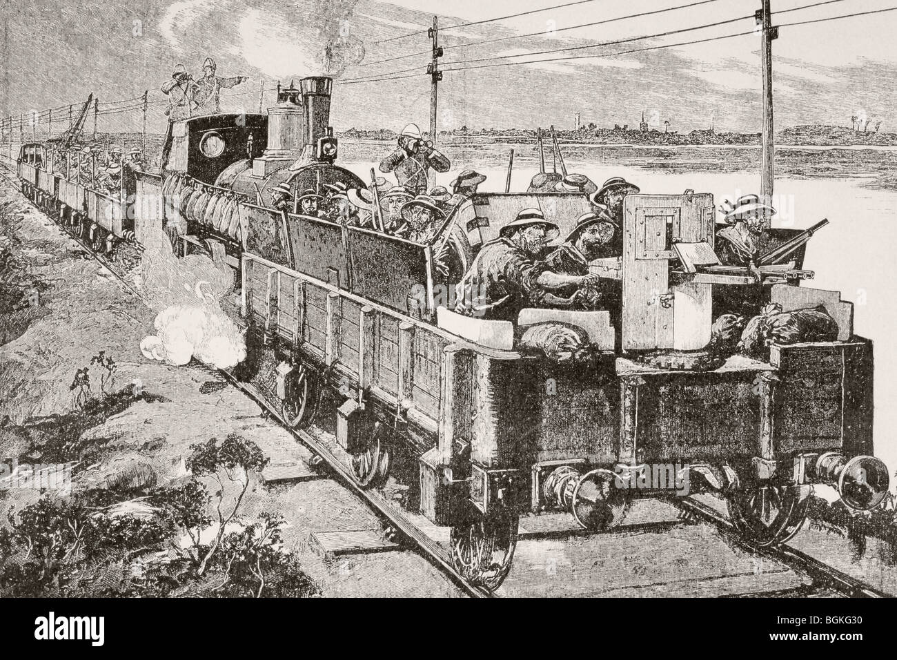 An English unit reconnoitres in an armoured train during the Second Boer War. Stock Photo