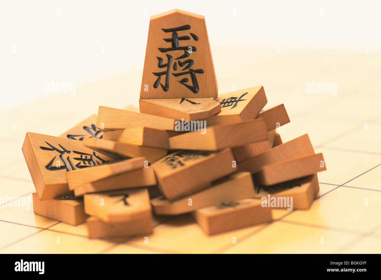 Japanese chess pieces on board close up Stock Photo
