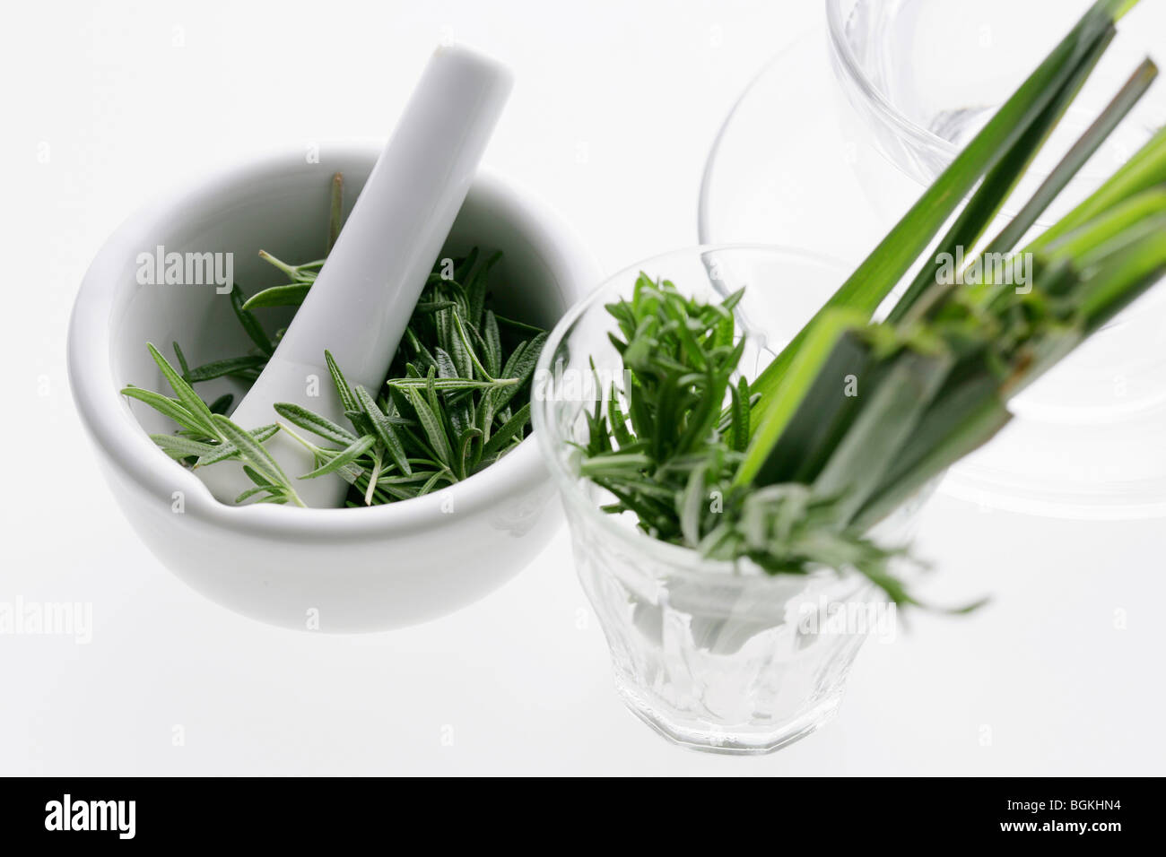 Rosemary in a pestle and mortar Stock Photo Alamy