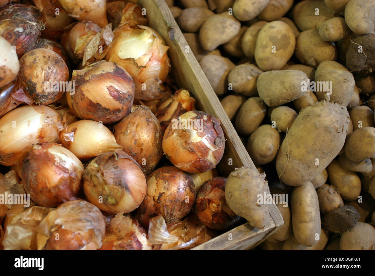 Organic Onions and Potatoes at a Farmers Market Stock Photo