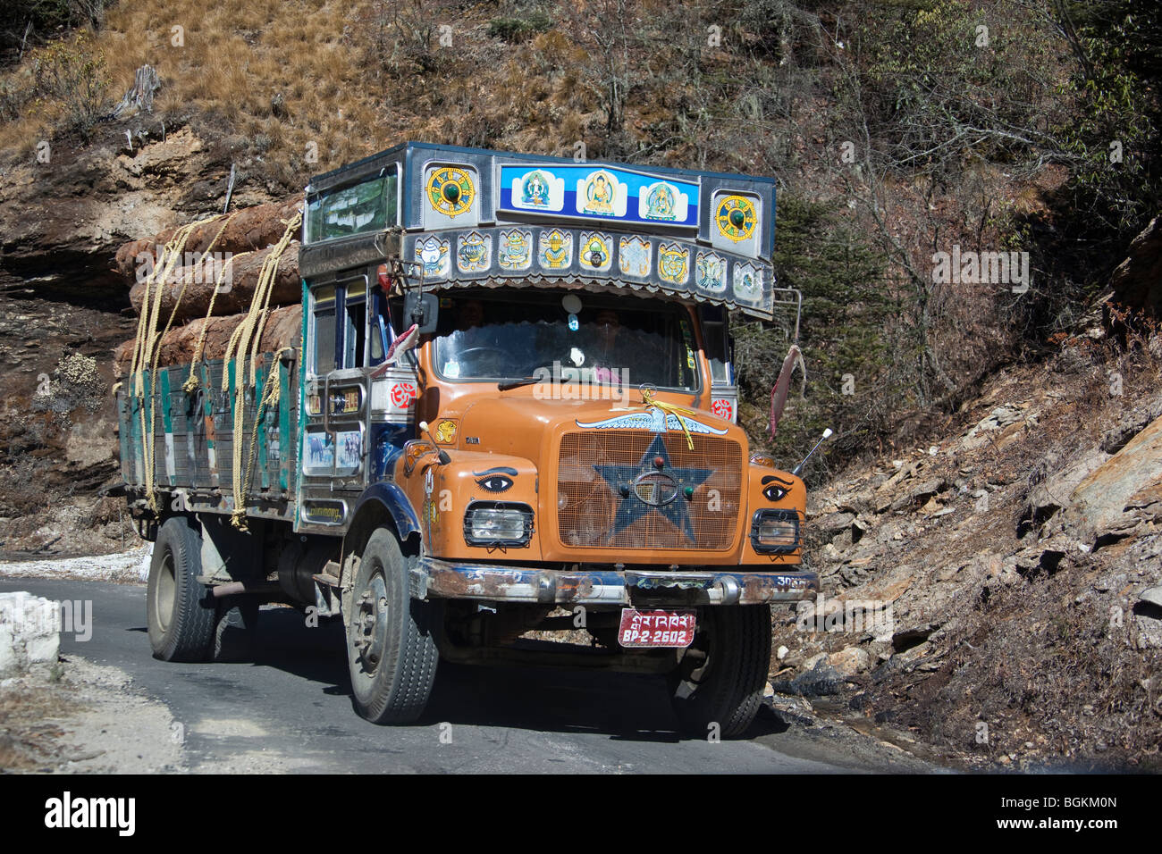 Decorated Tata truck hauling timber on the bhutanese national highway, Bumthang region, Bhutan Stock Photo