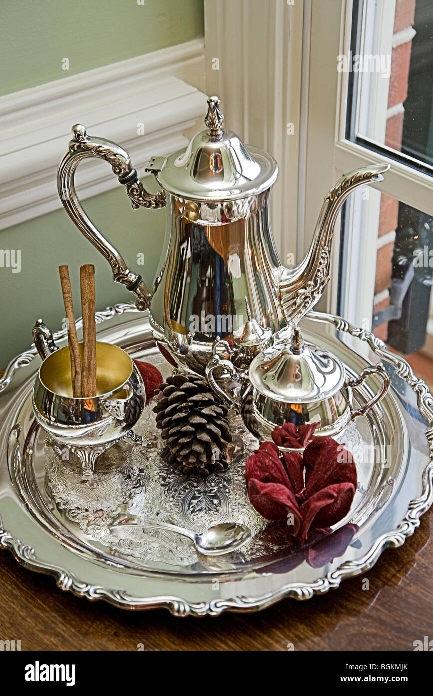 Holiday Tea set in window Stock Photo Alamy