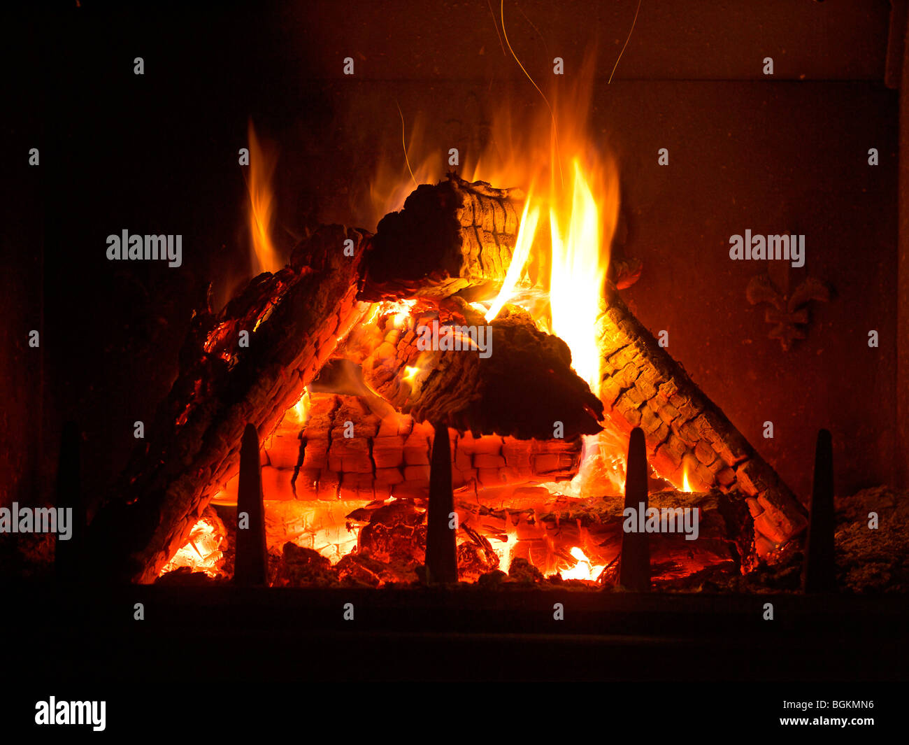 Open Fire in a Fireplace Stock Photo