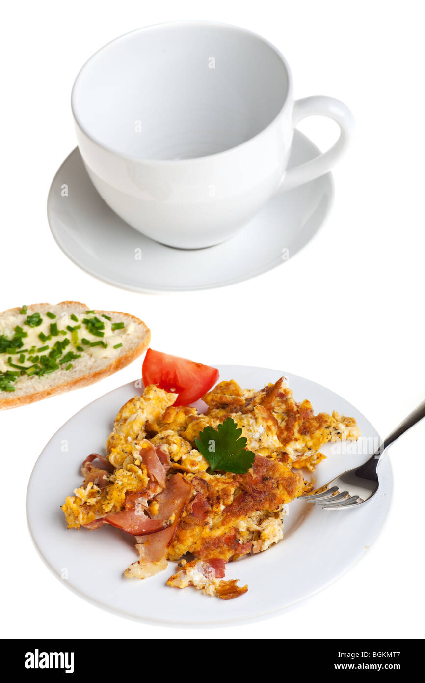 scrambled eggs and bun on a plate isolated on white Stock Photo - Alamy