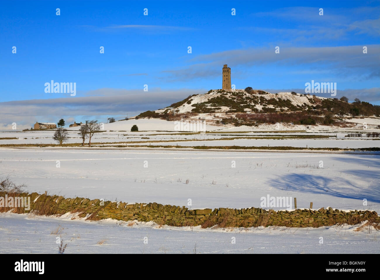 Snow around Jubilee Tower on Castle Hill, Huddersfield, West Yorkshire, England, UK. Stock Photo