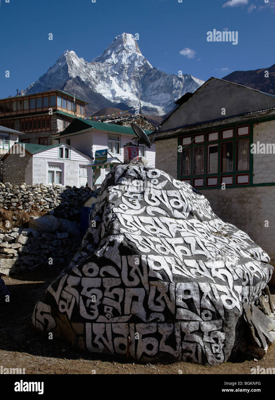Huge Mani Stone Khumbu Region Himalayas Nepal Asia Stock Photo