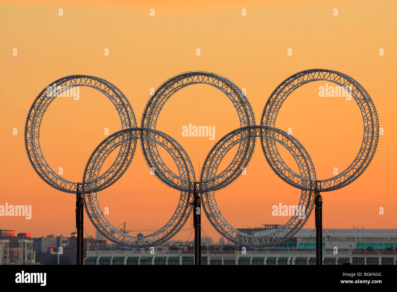 Vancouver 2010 Winter Olympic rings at sunset-Vancouver, British Columbia, Canada. Stock Photo