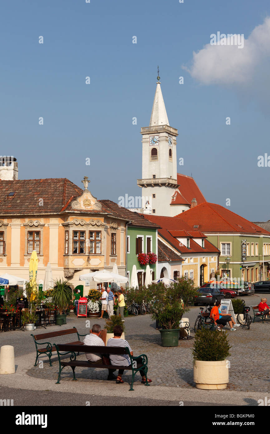 Town hall square and Catholic church, Rust on Lake Neusiedl, Burgenland, Austria, Europe Stock Photo
