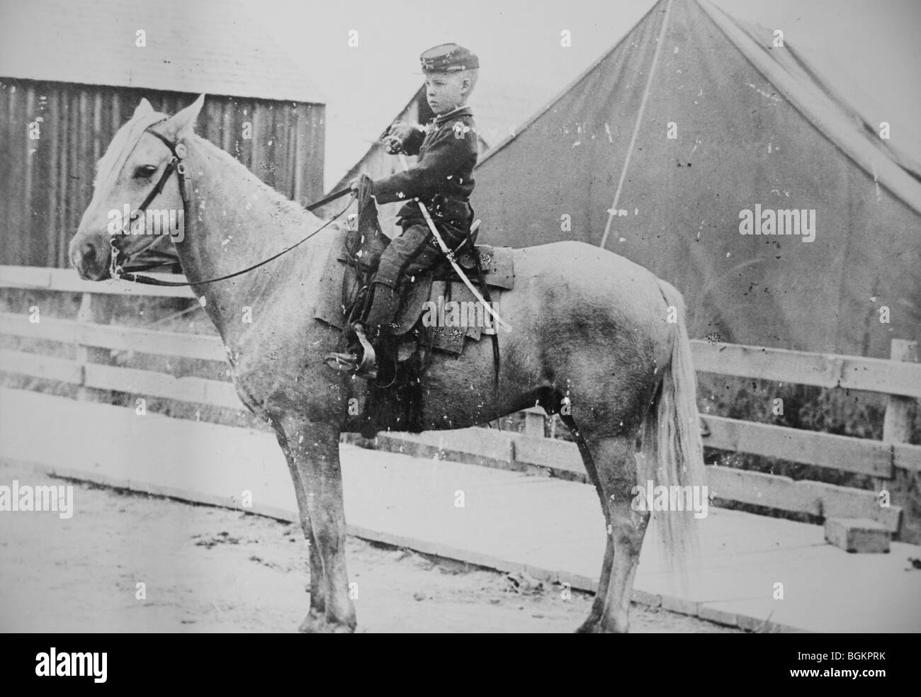 Historic photograph of a young orphaned boy who became the mascot of Fort Klamath in Oregon Territory Stock Photo
