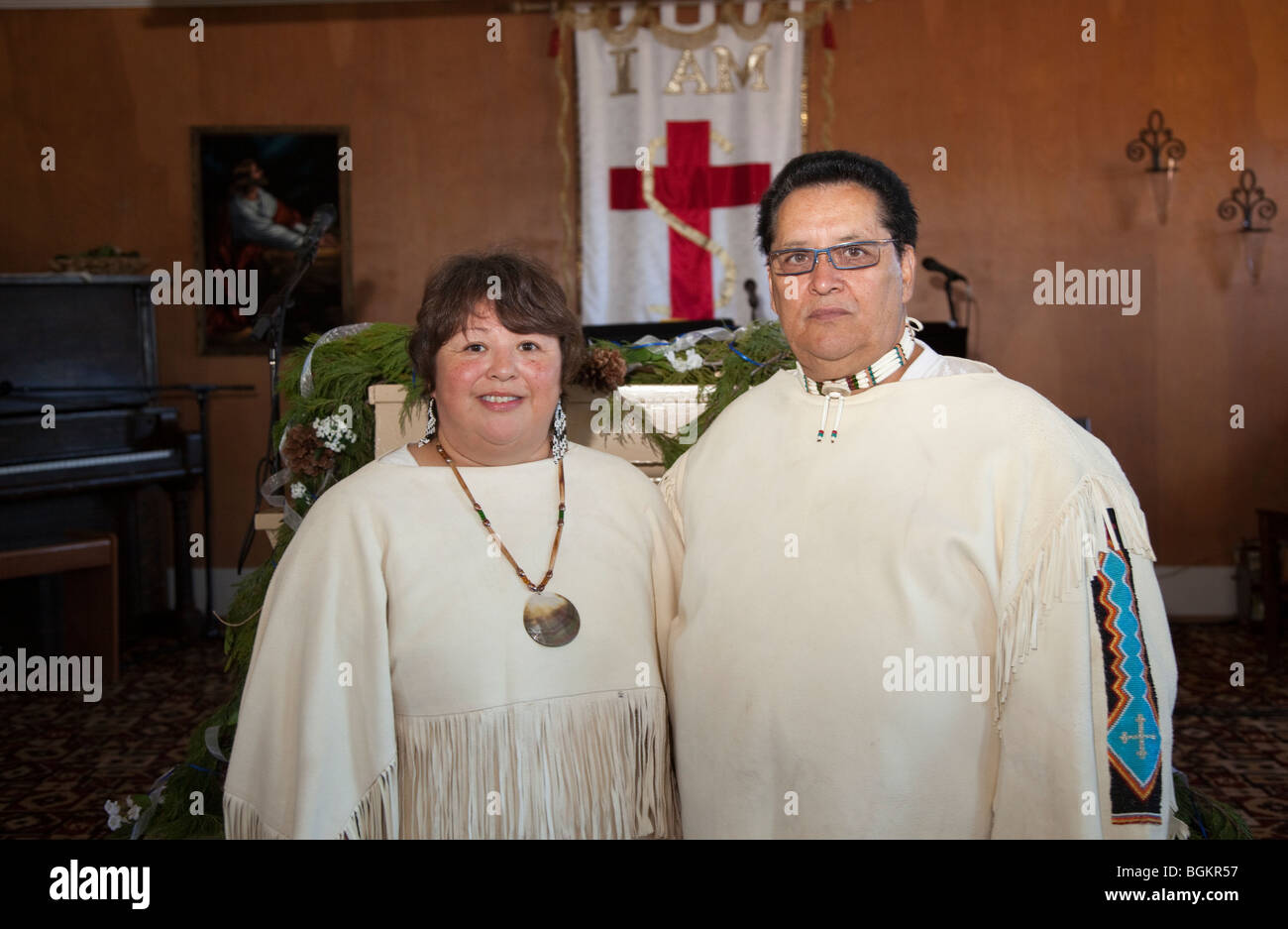 Native American ministers, of the Williamson River Indian Church, are dressed in traditional regalia and give service to the Klamath Tribe in Oregon Stock Photo