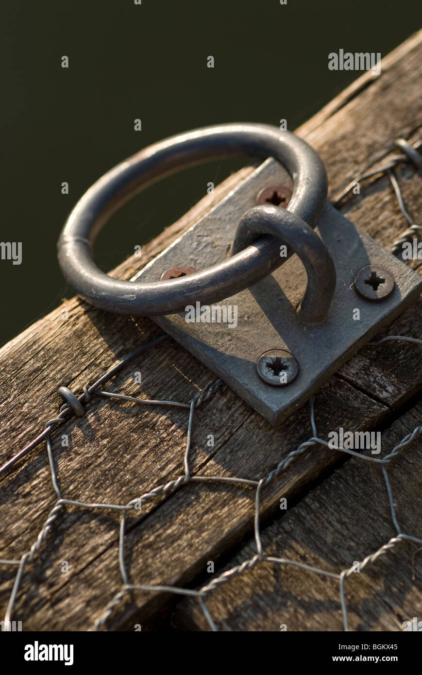 metal mooring ring on wooden wire netting covered staging Stock Photo