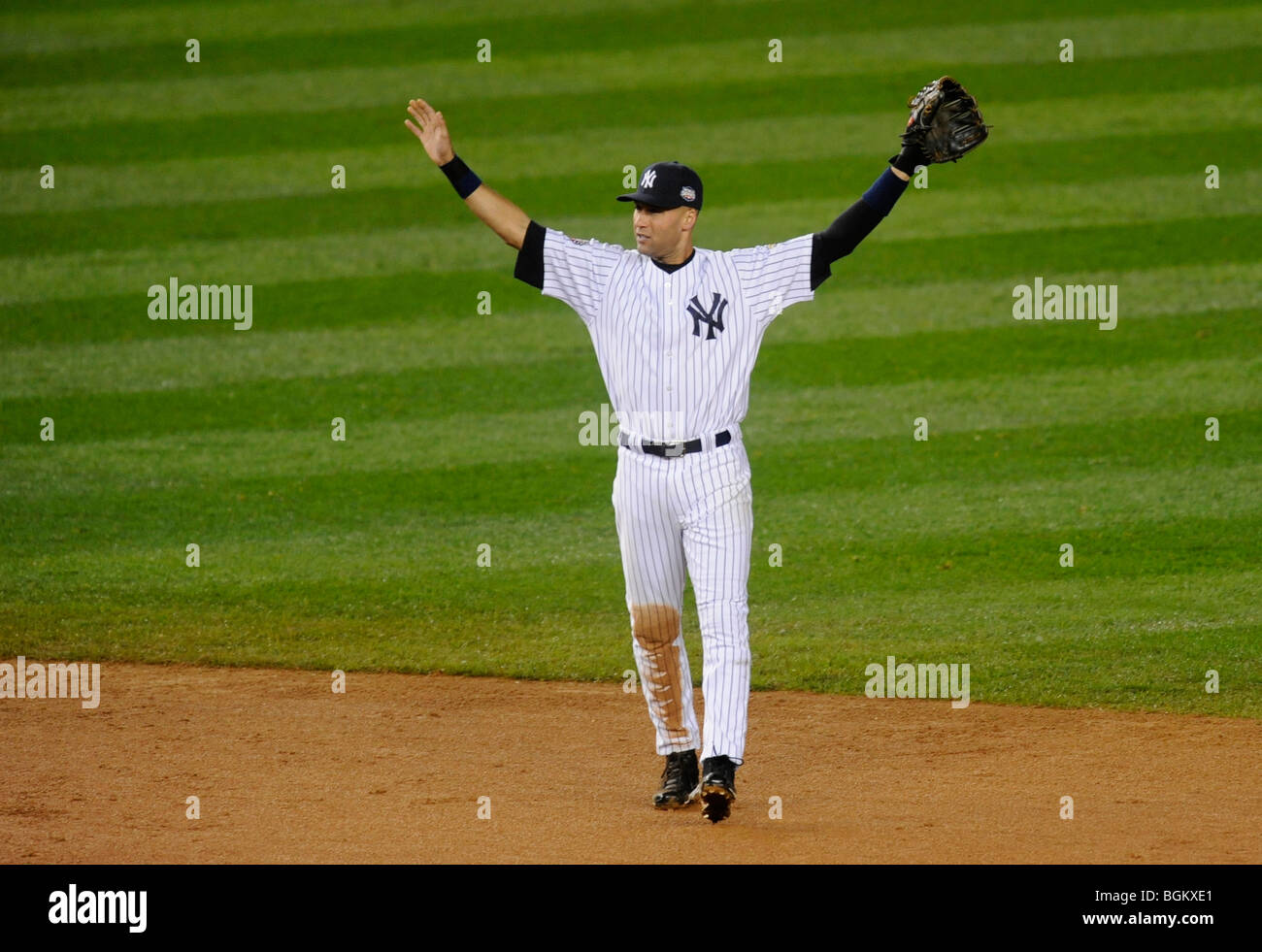 Derek Jeter #2 of the New York Yankees looks on against the Philadelphia Phillies in Game One of the 2009 World Series Stock Photo