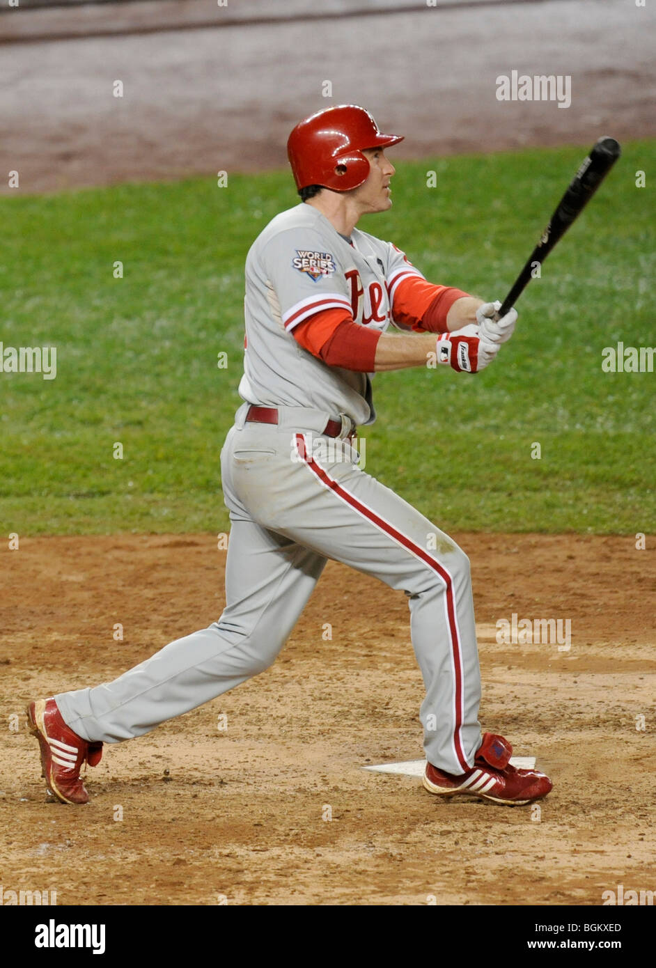 Chase Utley #26 of the Philadelphia Phillies bats against the New York Yankees in Game One of the 2009 World Series Stock Photo