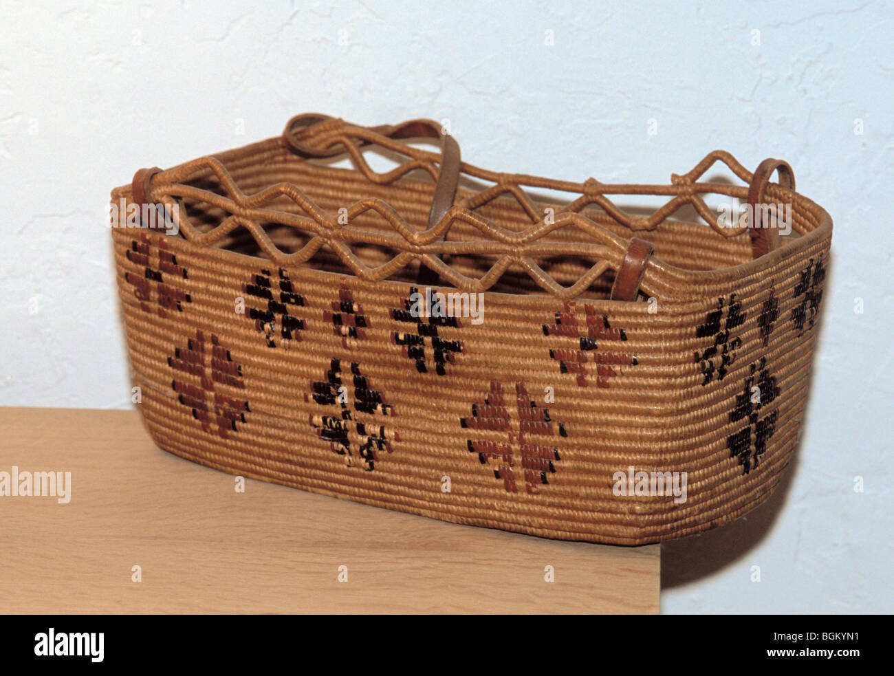 Artistic patterns woven into a Suquamish tribe cedar carrying basket that was also used as a cradle for infants, Northwest Pacific Coast, Washington Stock Photo