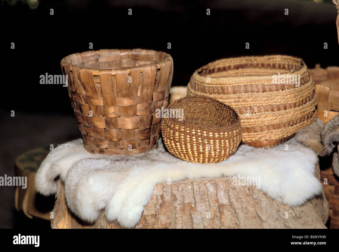 A collection of various style storage and gathering baskets made by the Suquamish Indian tribe of the Northwest Pacific Coast, Washington State Stock Photo