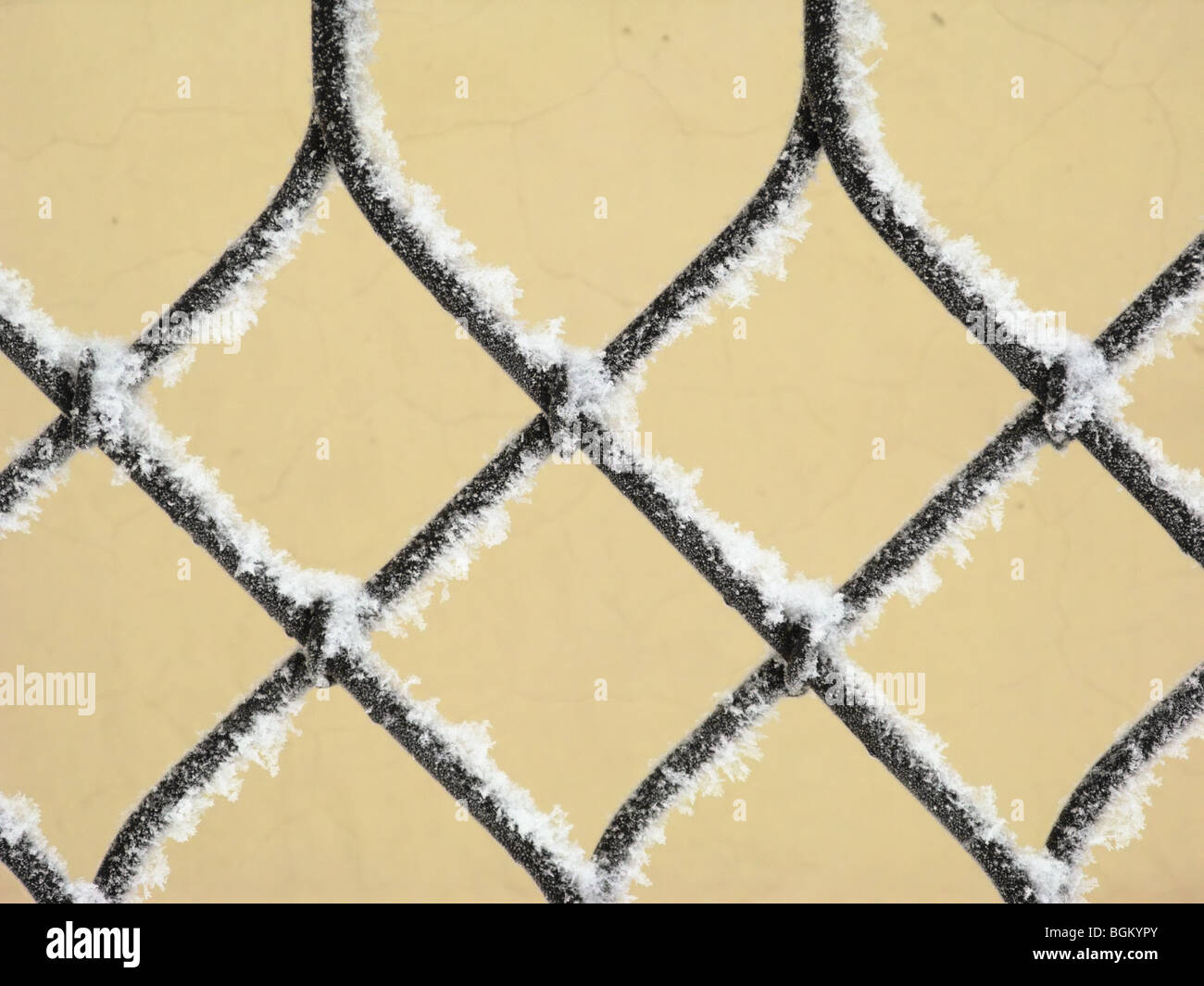 Part of decorative lattice covered with snow, close-up Stock Photo