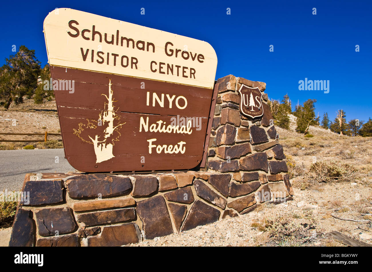 Sign at the Schulman Grove, Ancient Bristlecone Pine Forest, Inyo National Forest, White Mountains, California Stock Photo