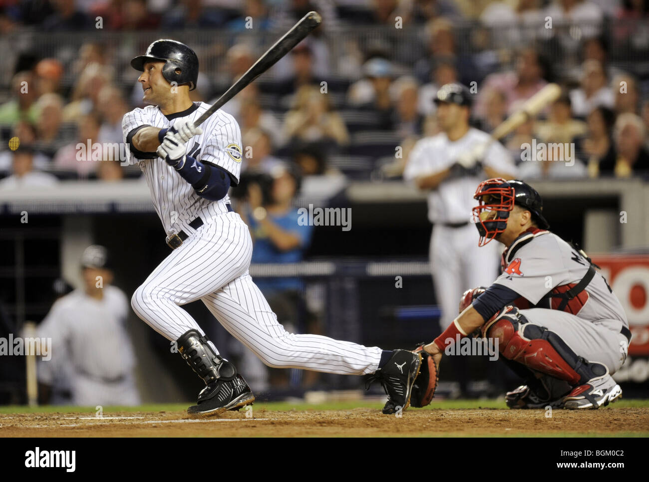 Derek Jeter #2 of the New York Yankees at bat during the game against the Boston Red Sox at Yankee Stadium on August 6, 2009 Stock Photo