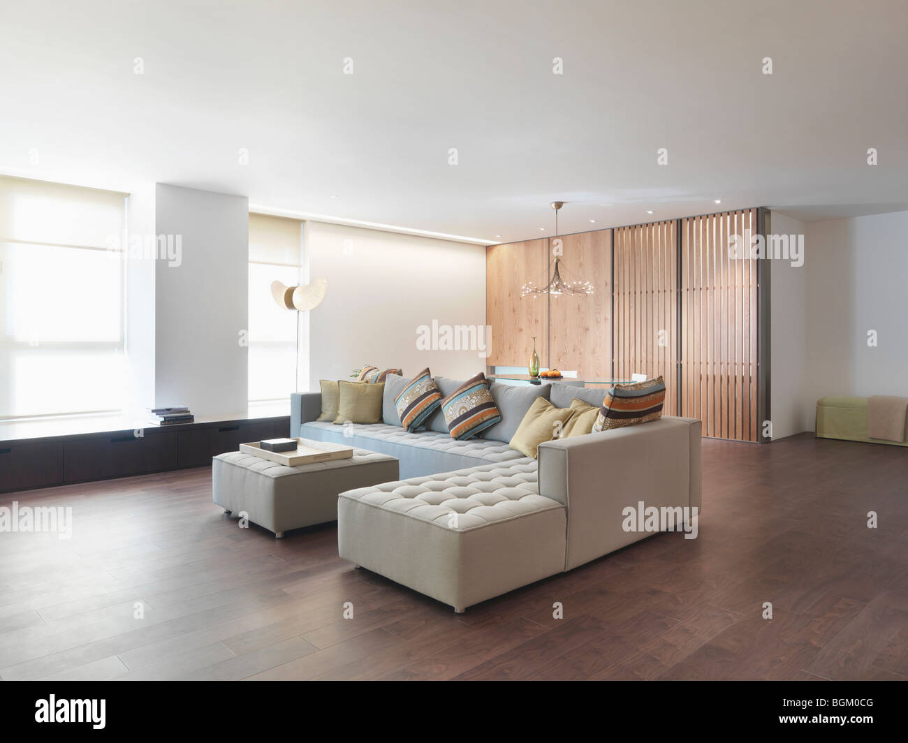 Minimalistic living room with hardwood floors Stock Photo