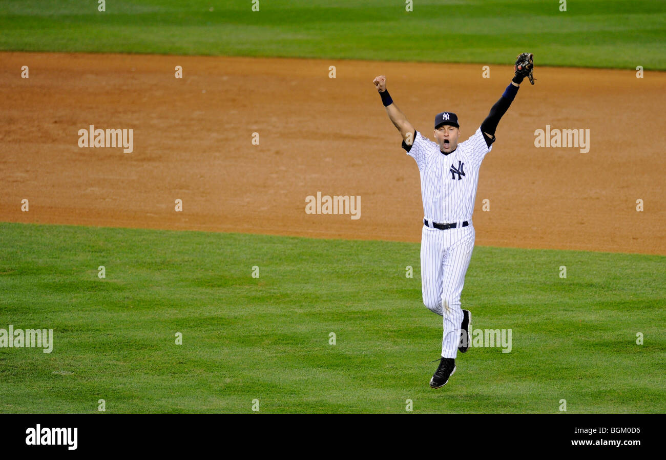 Derek Jeter #2 of the New York Yankees celebrates 2009 MLB World Series at Yankee Stadium on November 4, 2009 Stock Photo