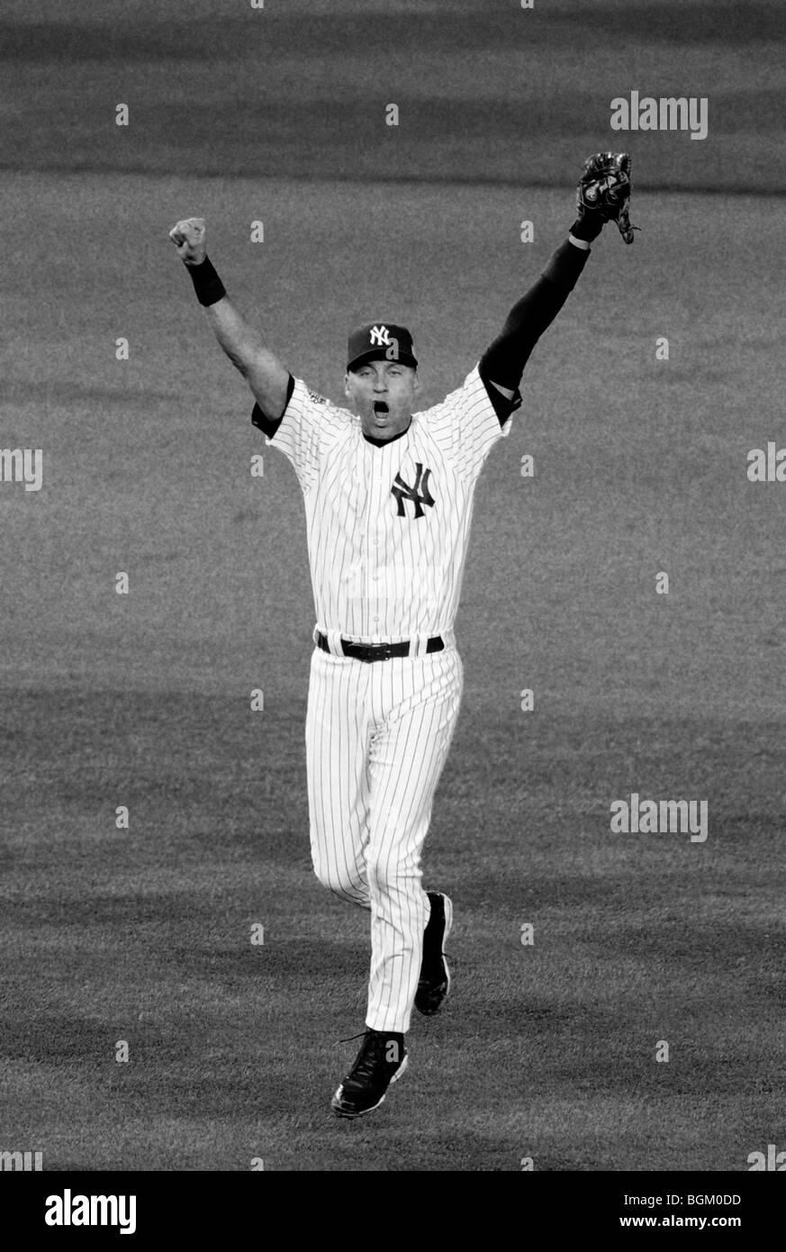 Derek Jeter #2 of the New York Yankees celebrates 2009 MLB World Series at Yankee Stadium on November 4, 2009 Stock Photo