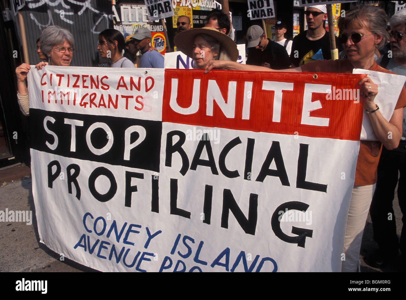 Political rally emphasizing the need to stop racial profiling by the police and other government agencies. Brooklyn, New York. Stock Photo