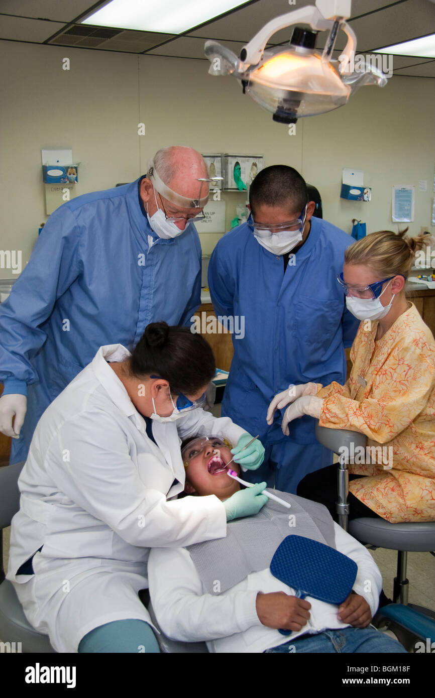 Group of students with their instructor during a dental class patient