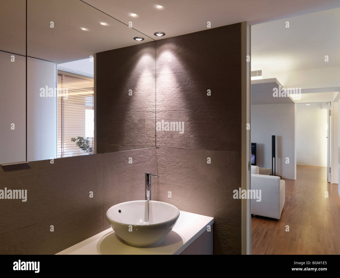 Bowl sink in bathroom and hardwood floor leading down hallway Stock