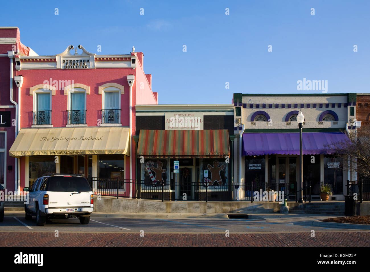 Colorful business district awnings of Opelika, Alabama Stock Photo