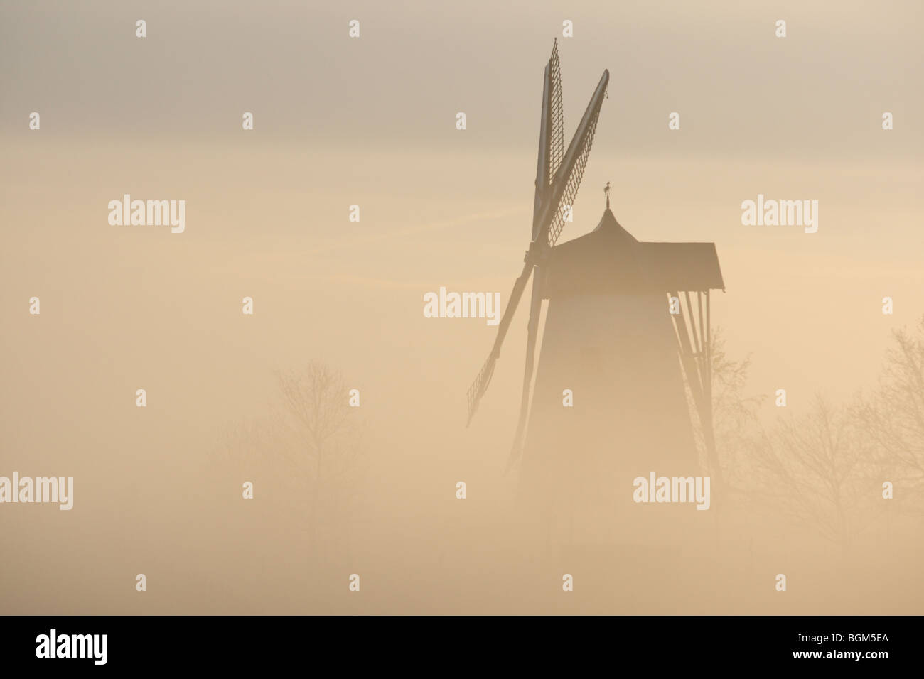 Windmill in the mist at sunrise, Flemish Ardennes, Belgium Stock Photo
