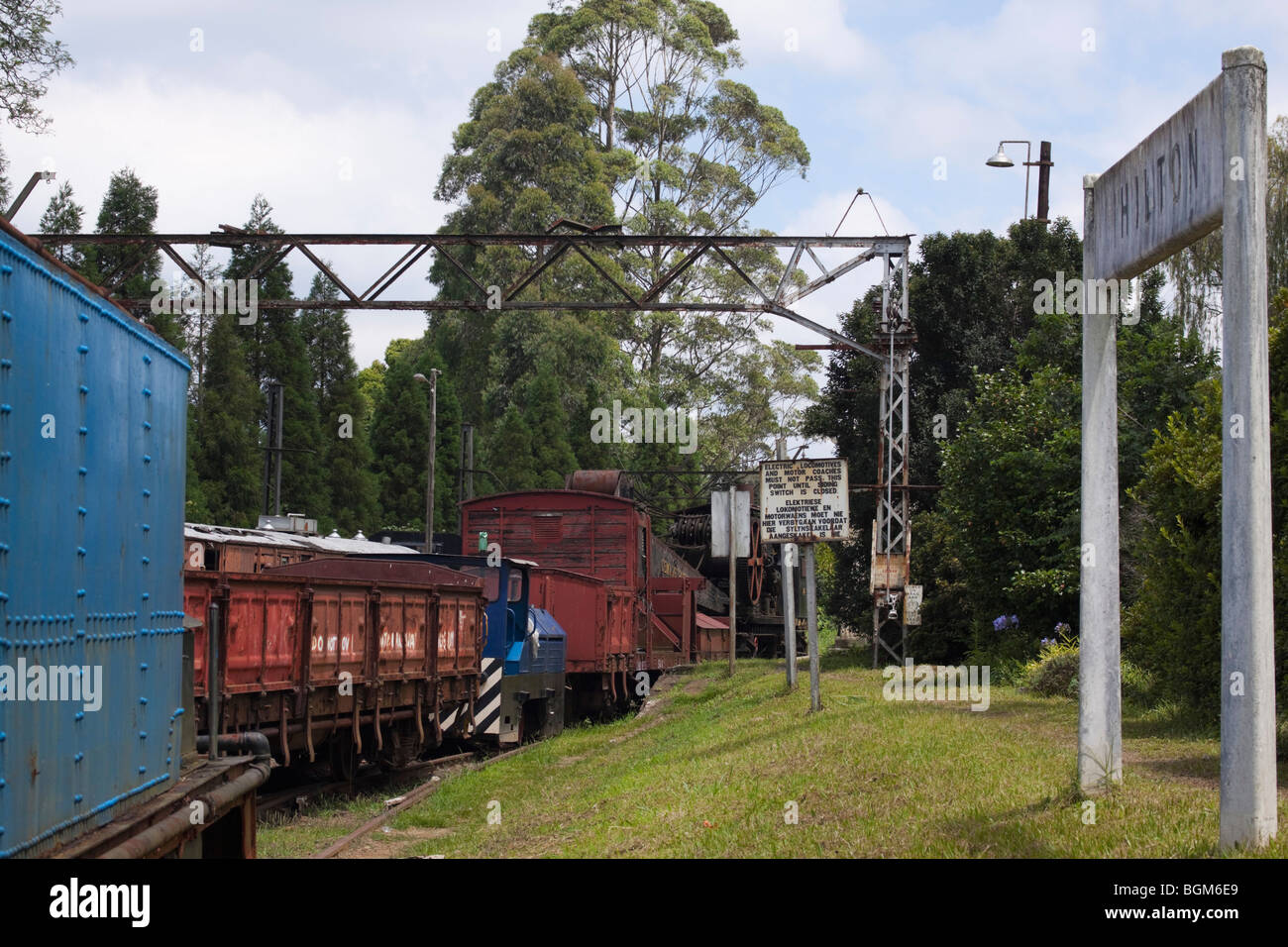 Railway goods cars on siding at Hilton station, Pietermaritzburg, Kwazulu Natal, South Africa. Color. Stock Photo