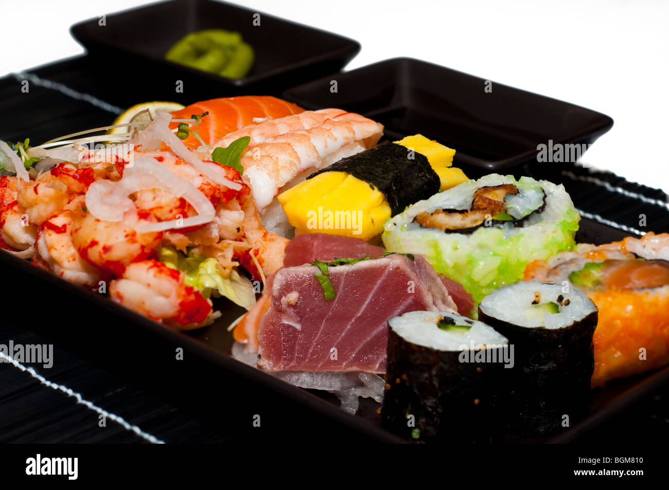 Sushi mix, sashimi, wasabi and soy sauce Stock Photo Alamy