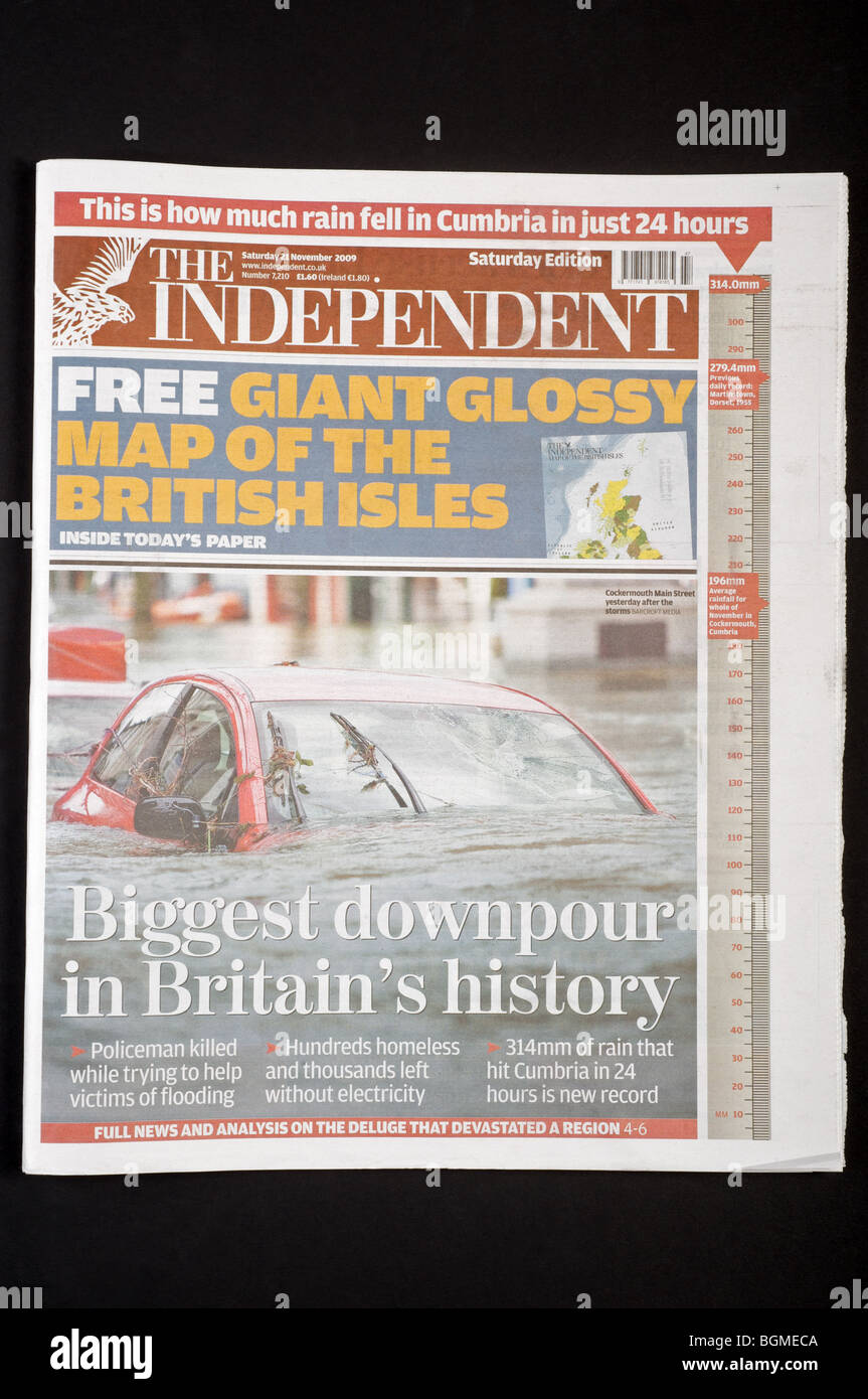 Copy of The Independent newspaper with the headline 'Biggest downpour in Britain;s history'. Stock Photo