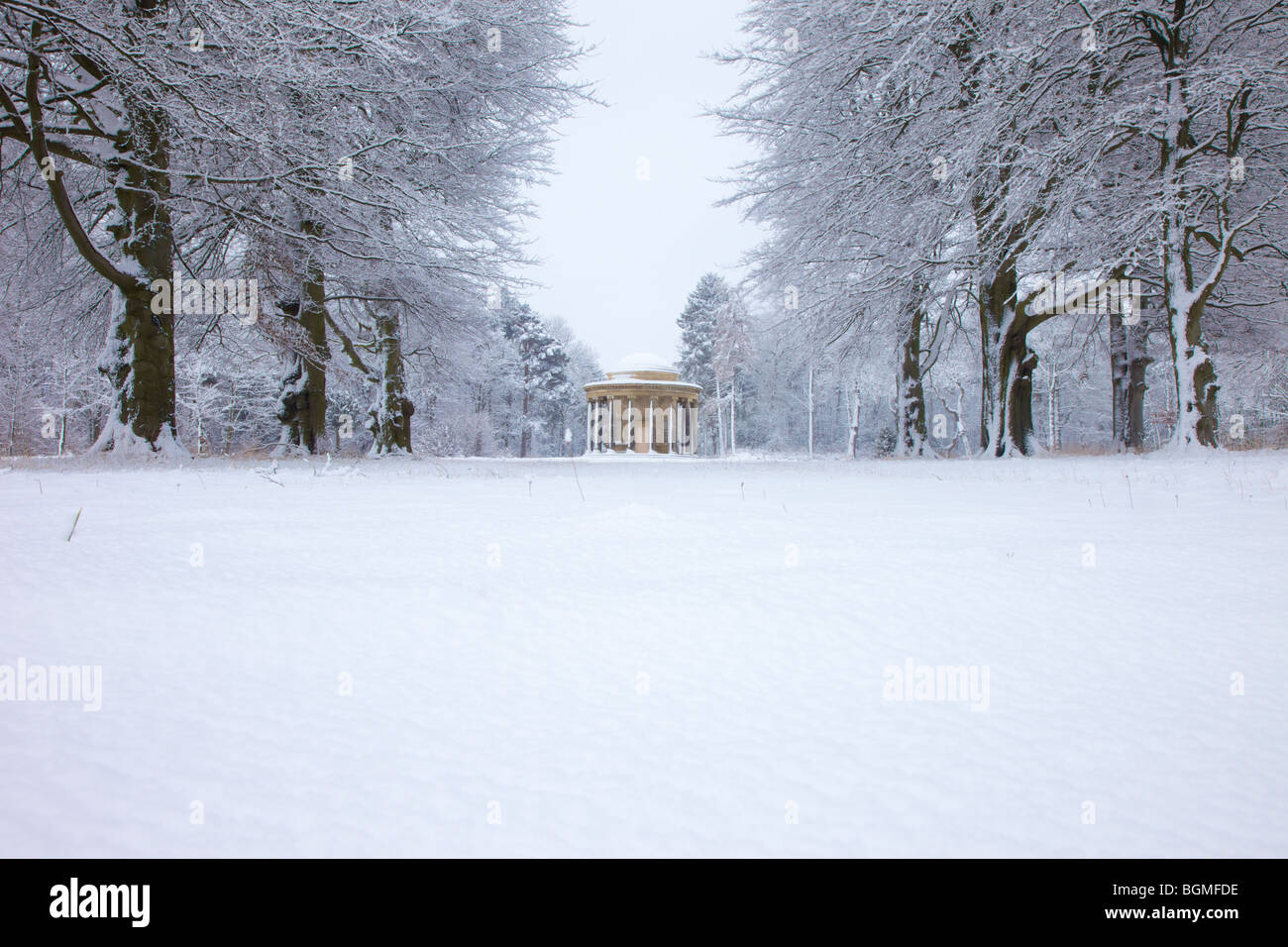 The Temple building in Bramham Park Estate after heavy snow. Stock Photo