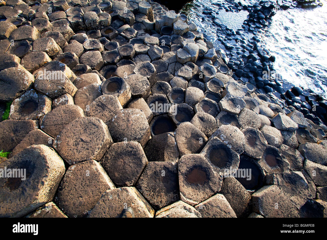 Steps of volcanic rock at the Giant's Causeway Antrim Northern Ireland a natural phenomena and a world heritage site. Stock Photo