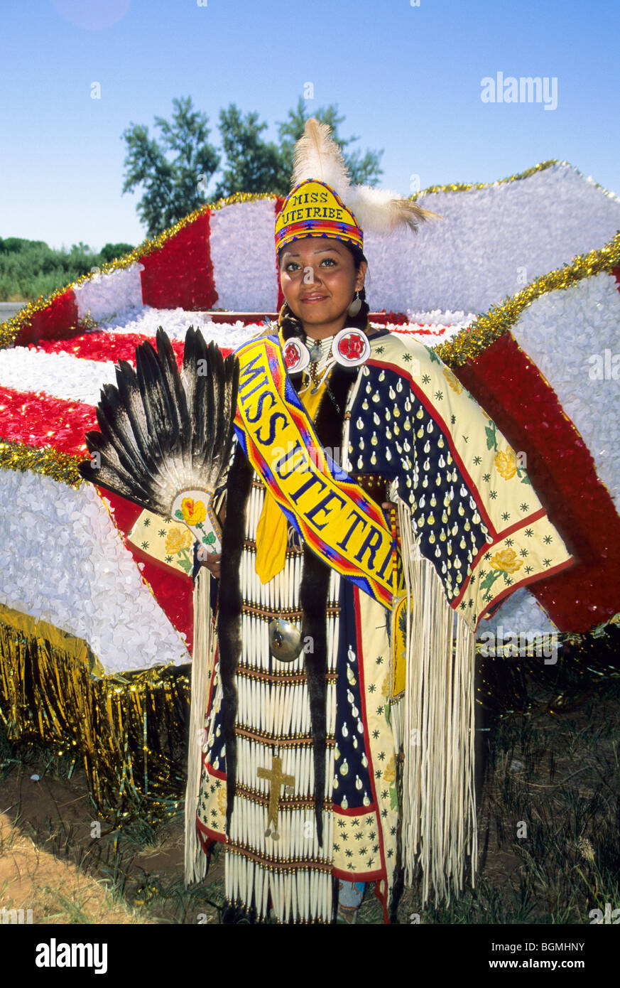 Miss Ute Tribe, dressed in traditional regalia during a parade on the