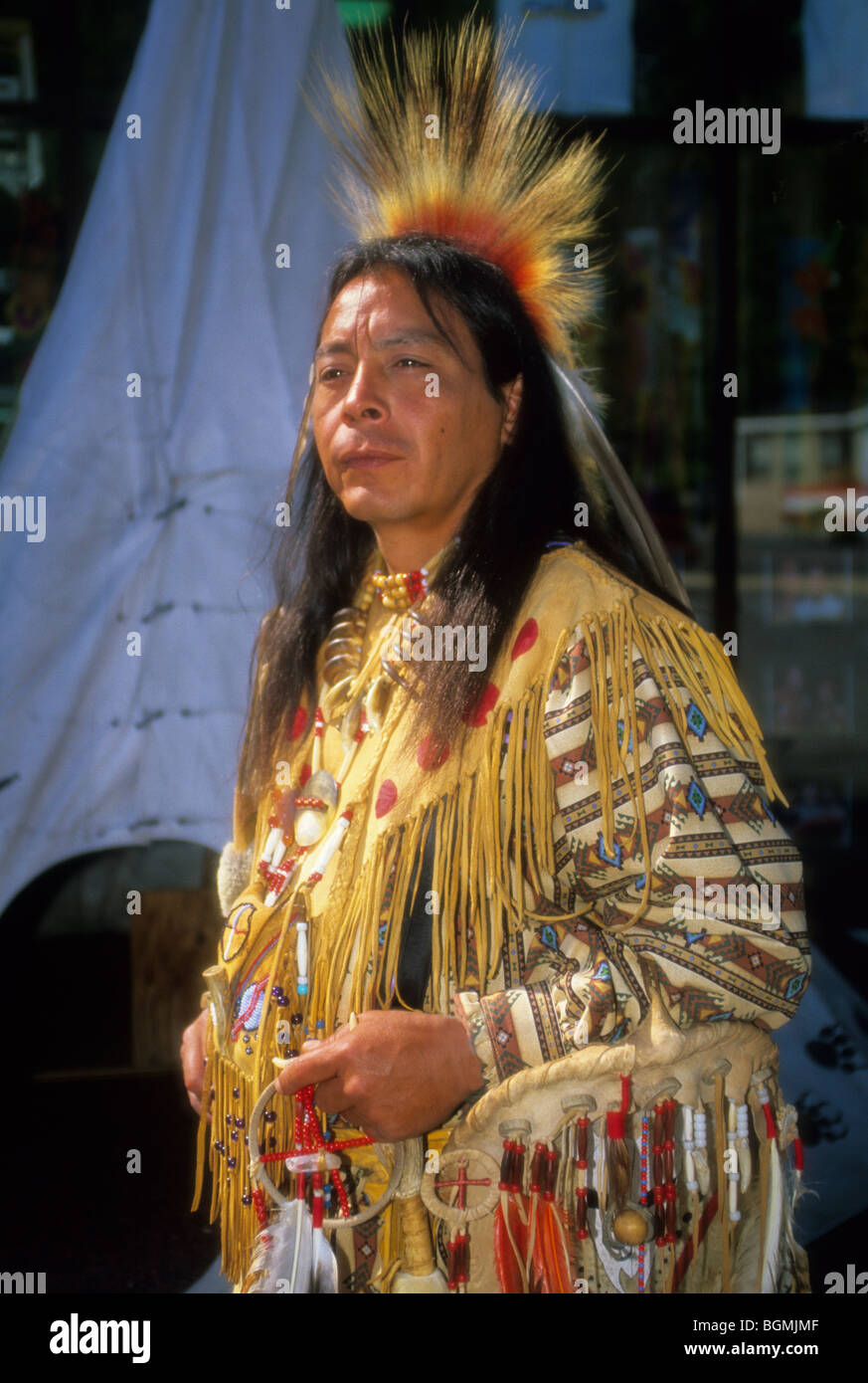 Cherokee man dressed in traditional pow wow regalia, Cherokee NC Stock