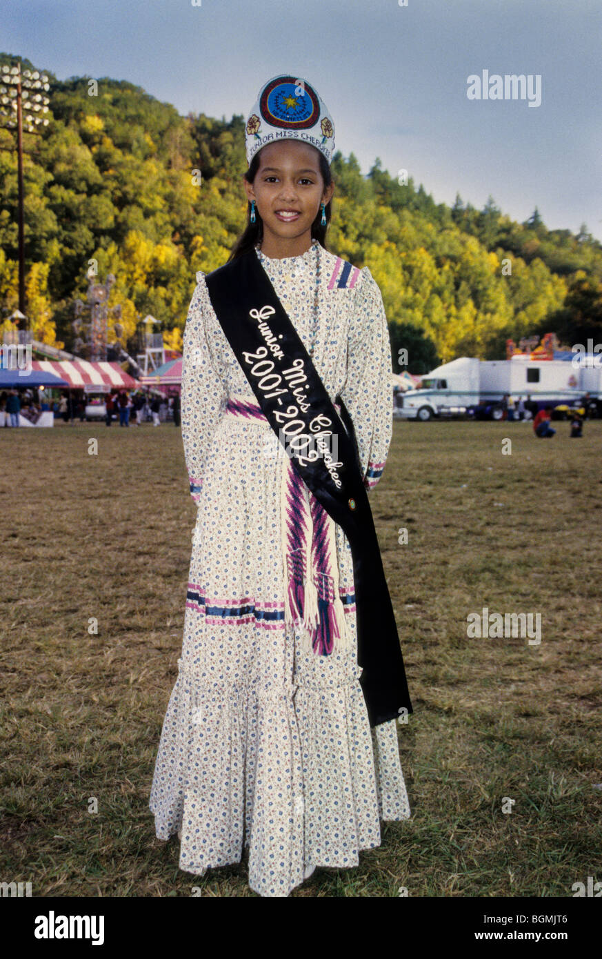 Junior Miss Cherokee dressed in traditional tear dress during fall festival  in Cherokee NC Stock Photo - Alamy