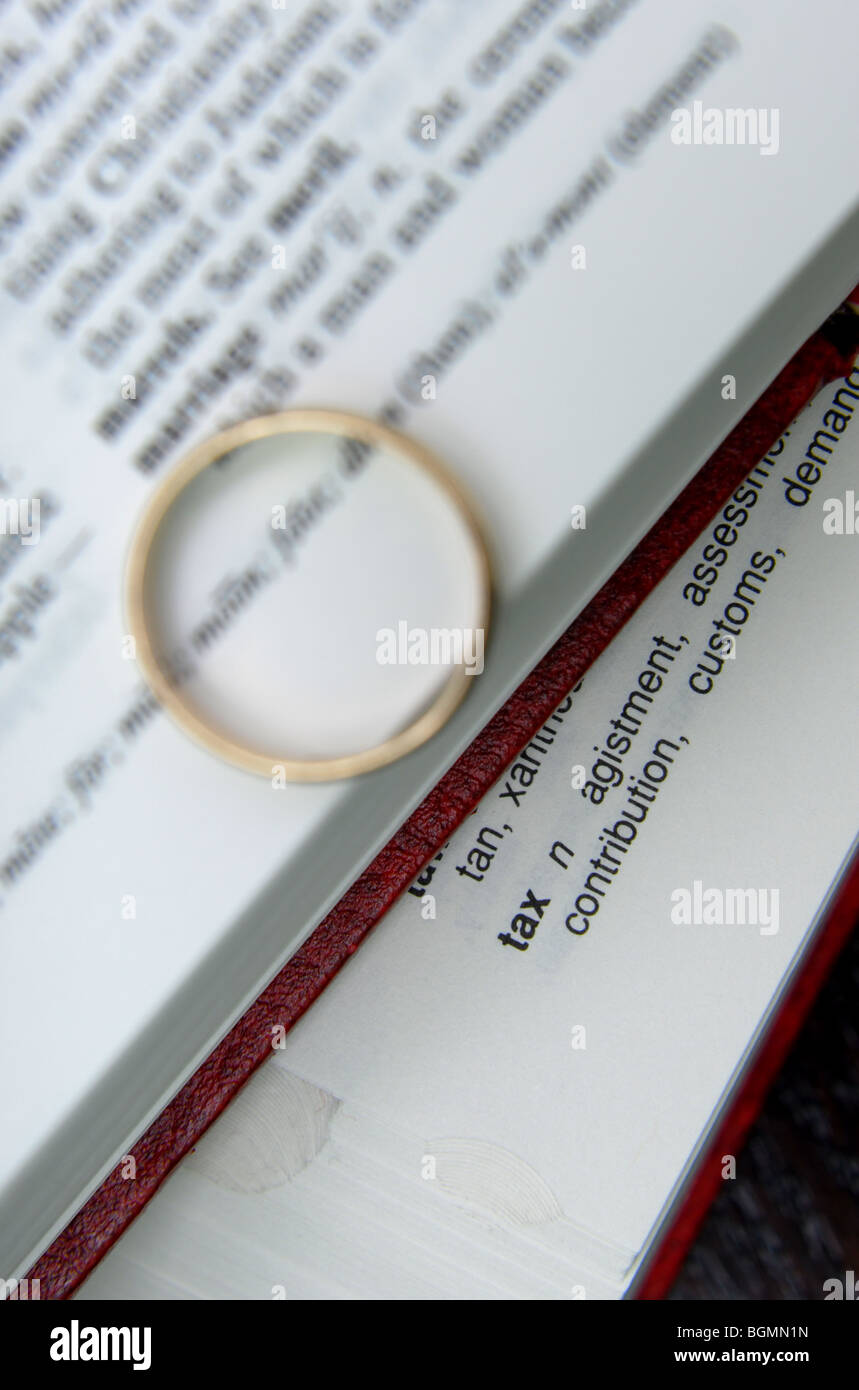 wedding ring on dictionary and thesaurus with the words Tax and