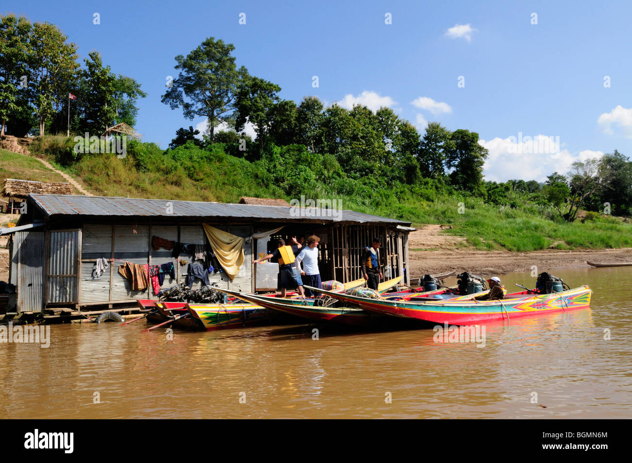 Laos; Mekong River: Speedboat station between Huay Xai and Pakbeng Stock Photo
