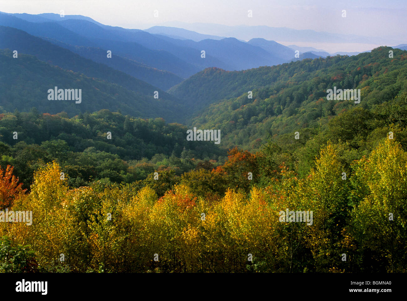 Spectacular fall colors grace the traditional homelands of the Cherokee Indians on the Qualla Indian Reservation, NC. Stock Photo