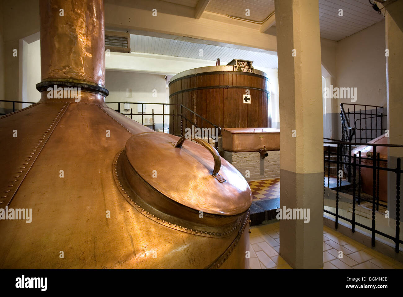 Brass boilers of the Du Bocq Brewery at Purnode, Namur, Belgium Stock Photo