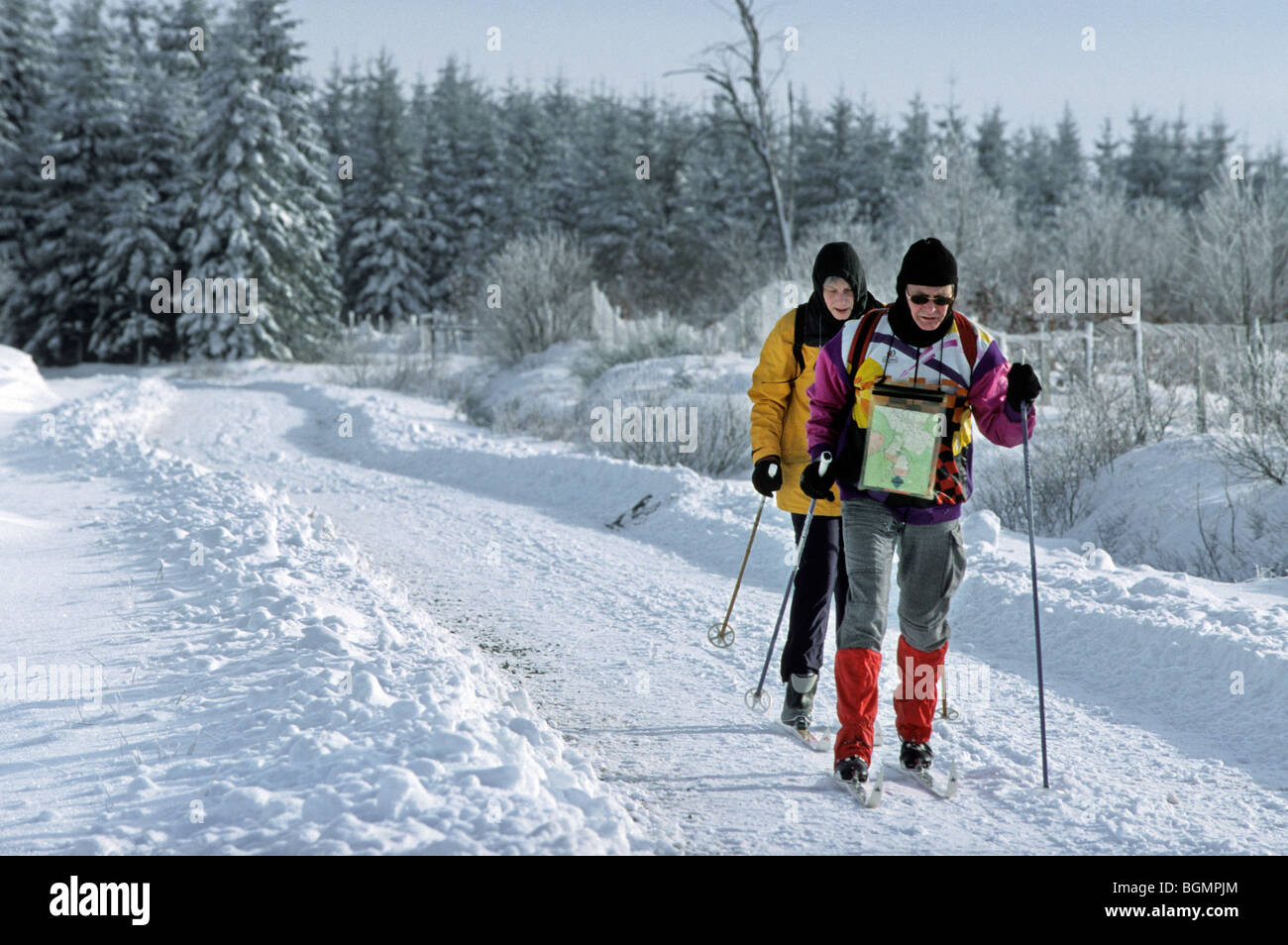 Cross-country skiers in the Hautes Fagnes, Belgium Stock Photo