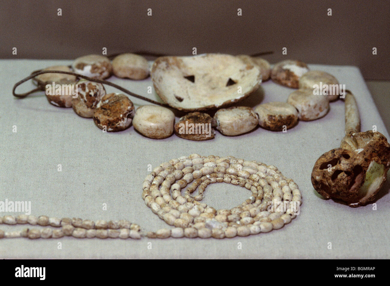 Mississippian Culture beads made from shells used for necklaces and adornment. Etowah Indian Mounds State Historic Site, Cartersville Georgia Stock Photo