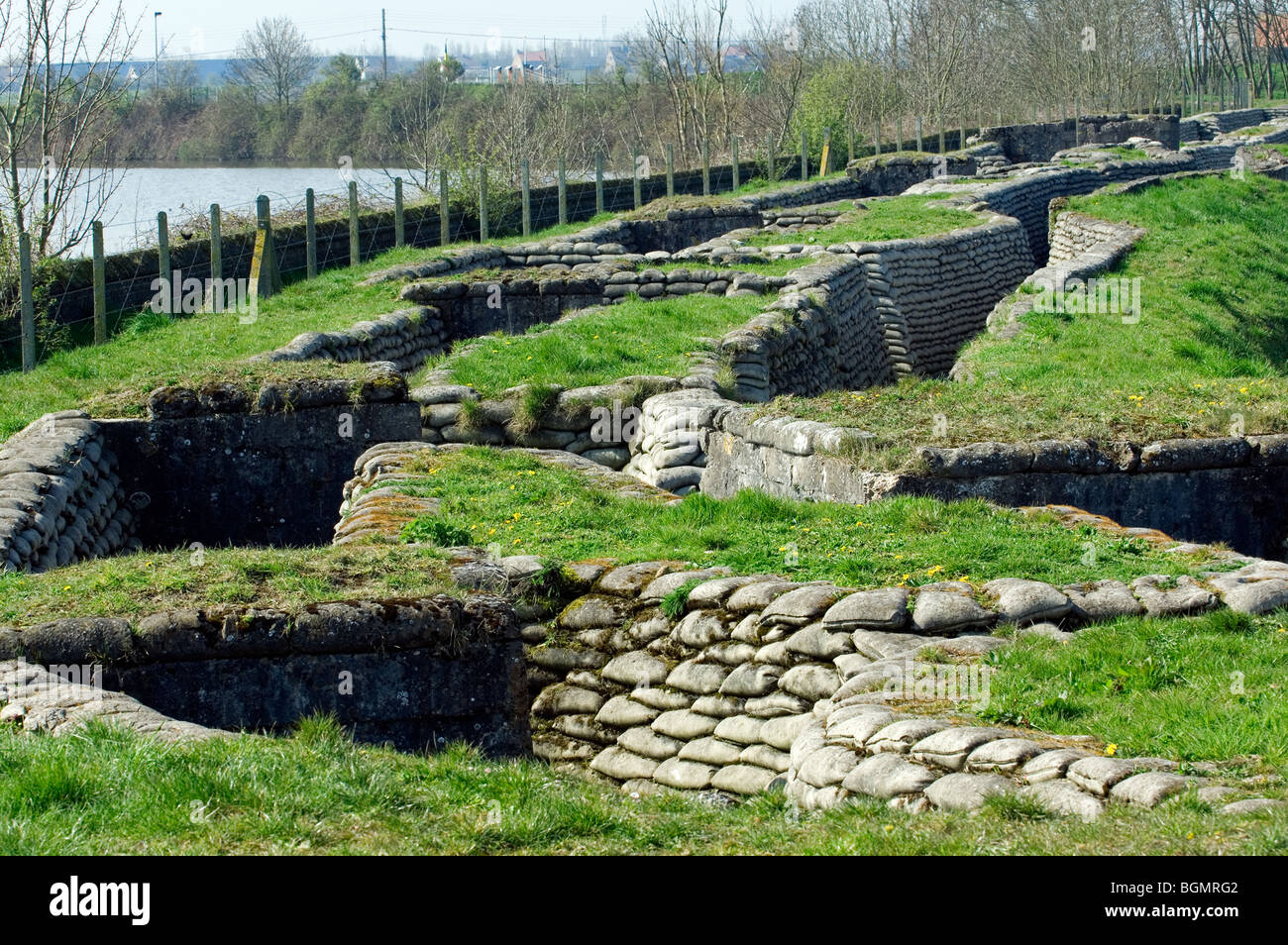 The First World War One Trench of Death, WW1 defense made of sandbags along the river IJzer, Diksmuide, West Flanders, Belgium Stock Photo